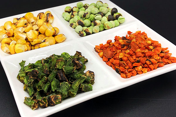 fire roasted dehydrated vegetables including dried green beans, corn, peas, and carrots