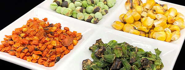 fire-roasted dehydrated vegetables: peas, carrots, green beans, and corn